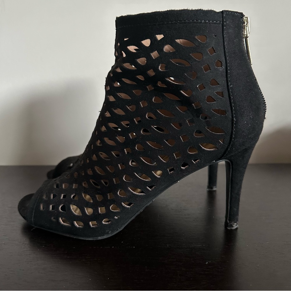 Black Suede Lasercut Peeptoe Booties by Thalia Sodi